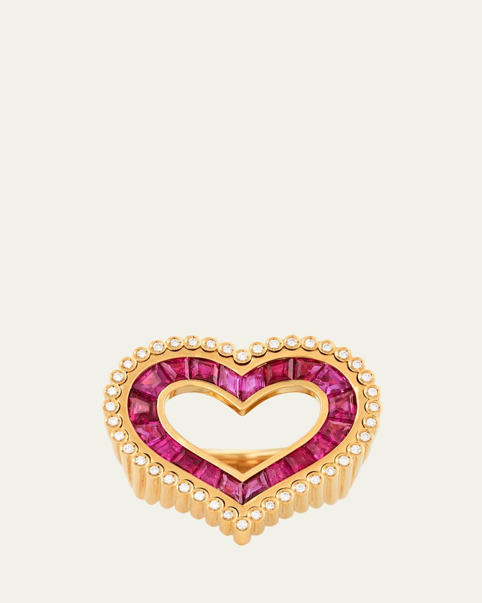 18K Yellow Gold Heart Statement Ring with Diamonds and Rubies